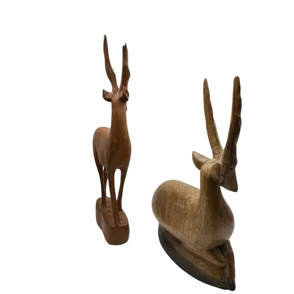1967 Antelopes Figurines Sculptures Vintate Hand Carved Signed Wood
